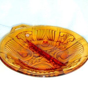 Vintage Divided Amber Glass Dish Killarney Pattern